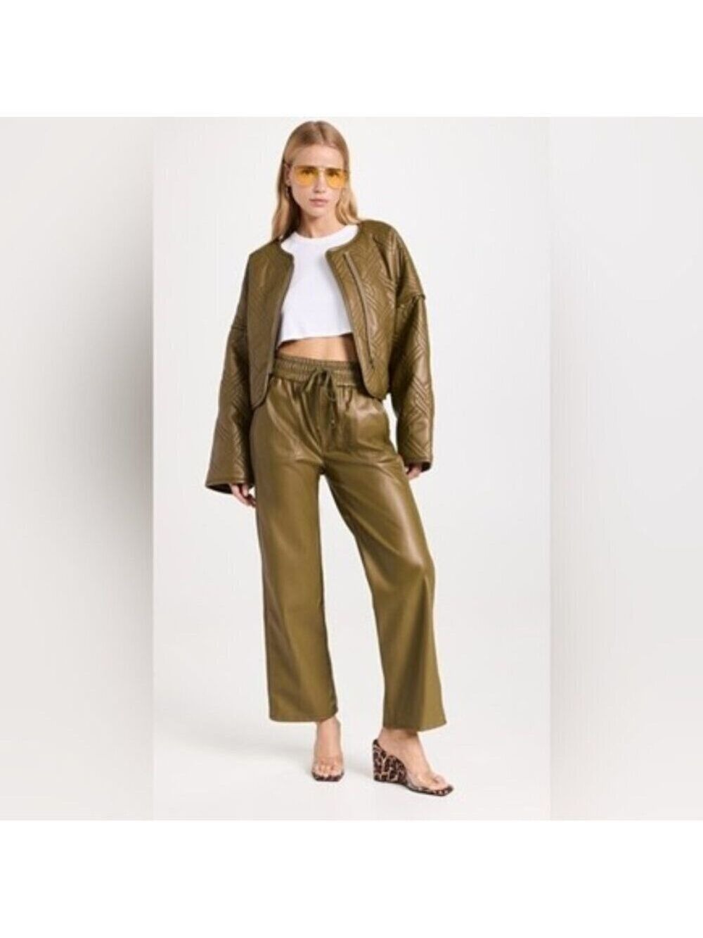 Mother The Rambler Pants Lounger Ankle Faux Leather Wide Leg Trouser Fir Green M